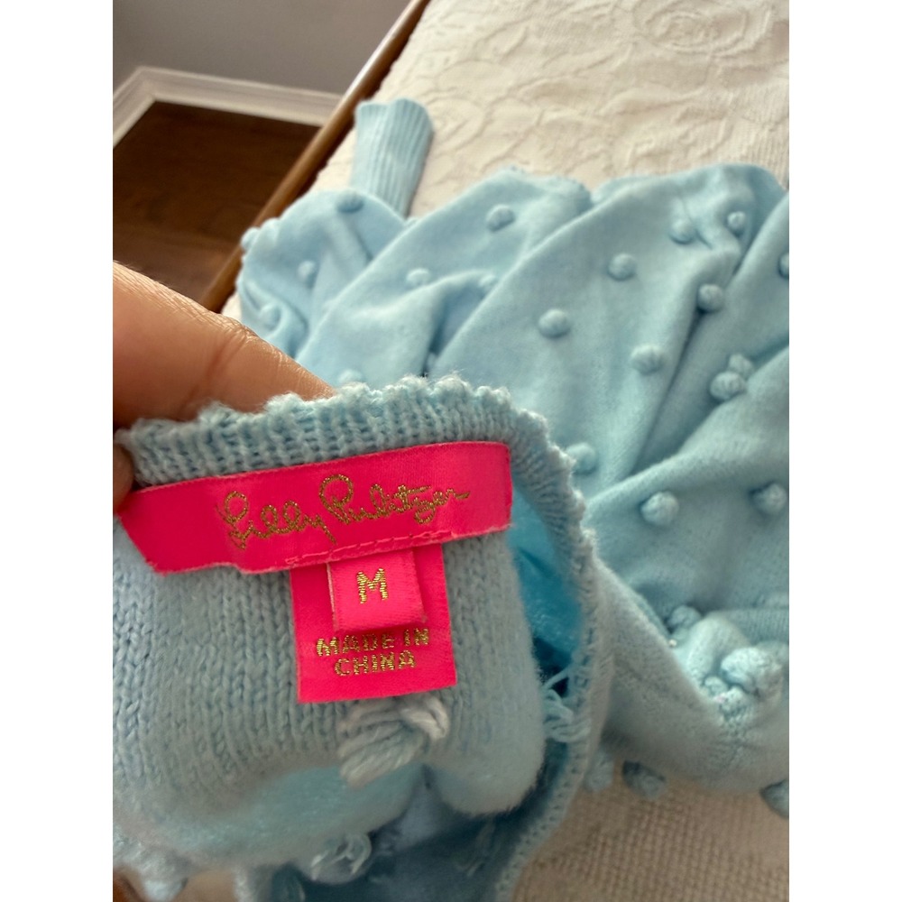 Lilly Pulitzer Blue Pom Pom Bobble Knit Sweater Puff Sleeve Scallop Neck‎ Medium - Picture 3 of 6